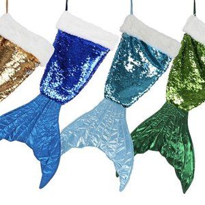 Mermaid Tail Sequin Christmas Holiday Stocking in Dark Blue, Light Blue and Gree